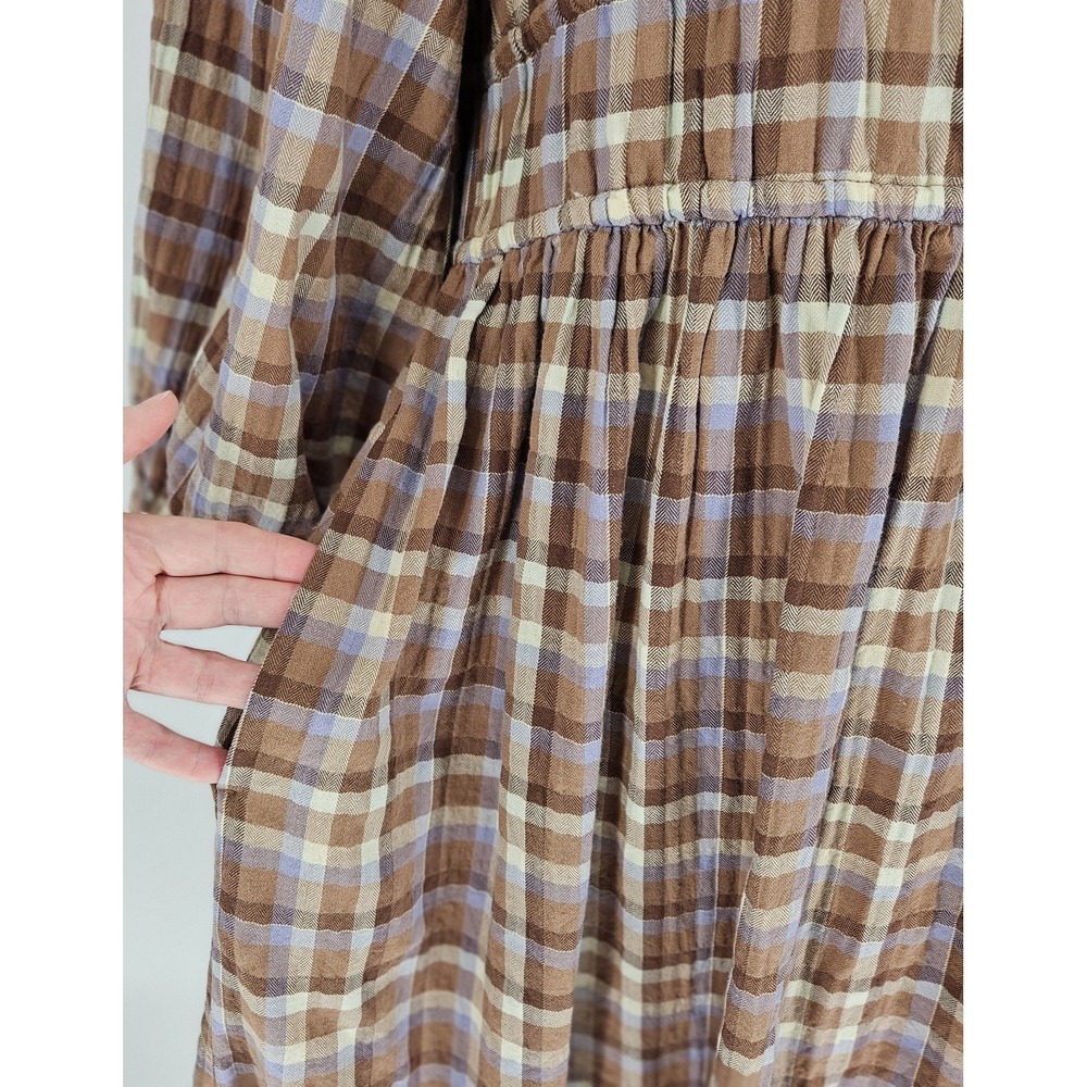 Madewell Brown Plaid Smocked Waist Midi Dress Puff Sleeve Cotton Blend Medium - Picture 5 of 11